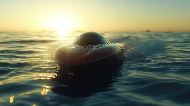 Remote-controlled speedboat at sunset