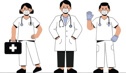 Medical team in white uniforms with stethoscopes, providing healthcare services, hospital staff, doctor illustration, clinic