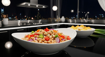 Healthy Cooked Bean Salad Dish Served in an Elegant Bowl Inside a Modern Kitchen