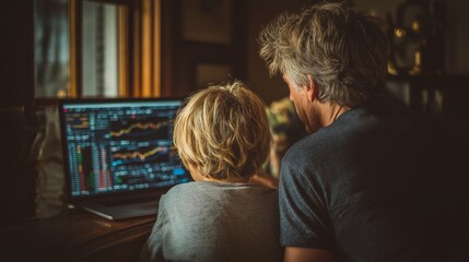 A Caucasian father teaches his young son the basics of finance and trading, sitting together at a table with a laptop