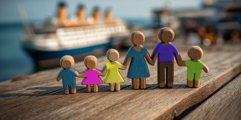 Family vacation: depiction of a large family near a dock watching a cruise ship