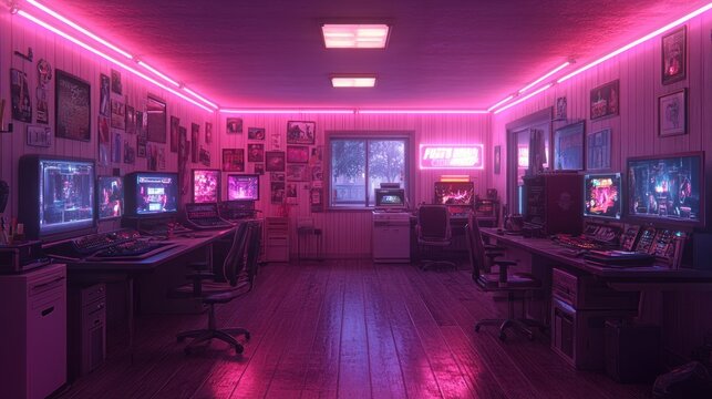 Retro gaming room, neon glow,  digital art