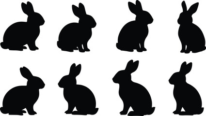 Rabbit silhouette collection, eight black rabbits in different poses, bunny icon set for spring, nature, wildlife, Easter, animal design