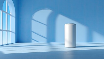 Obraz premium Empty white can in a light blue room