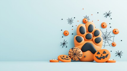 halloween-themed paw print cookies and pumpkins on light blue background