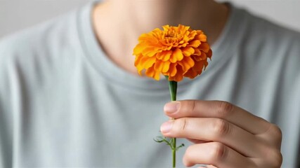 Hand Gently Presenting a Vibrant Orange Marigold Flower, Symbolizing Natural Beauty and Simple Joy - Powered by Adobe