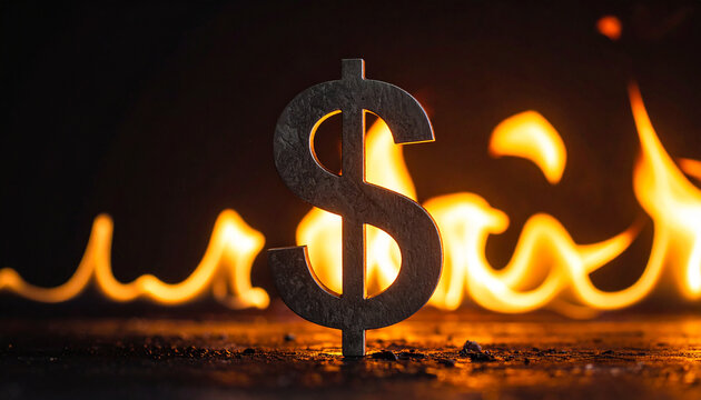 Burning dollar symbol in darkness. Financial collapse and economic crisis.