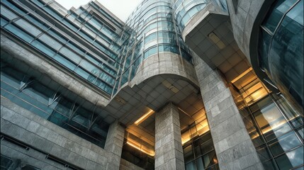 Fototapeta premium Modern, architectural, concrete and glass building exterior, low angle view