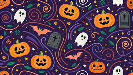 Spooky halloween pattern with pumpkins ghosts bats and gravestones