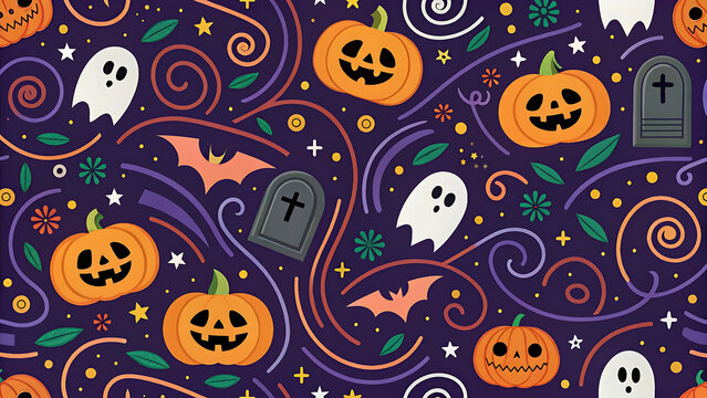 Spooky halloween pattern with pumpkins ghosts bats and gravestones