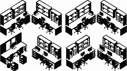 Obraz premium Isometric view of office cubicles with desks chairs computers and storage units in a repetitive pattern silhouette