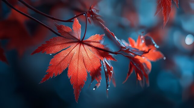 close up red maple leaves with sunlight 