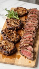 Rectangular wooden cutting board with beef slices on a white marble countertop. Browned and pink beef, rosemary sprig, culinary art, gourmet feast, rustic charm.