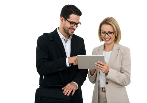 Business successful positive managers use a tablet, a man and a woman stand together, office employees. Finance colleagues work in a team, project partners PNG.