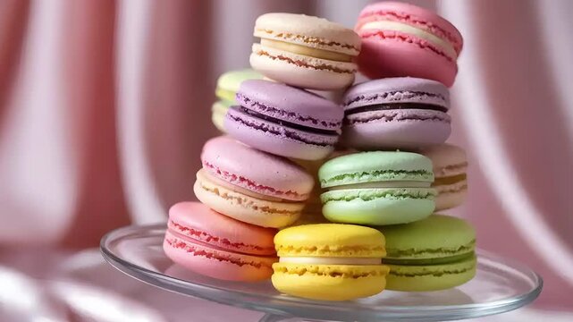 A stack of delicious, colorful macarons on a clear glass plate.