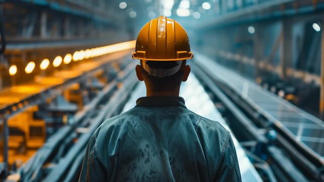 Worker wearing safety helmet stands in factory setting, looking towards rows machinery. This person is representing hard work, safe labor, contributing to industrial production.