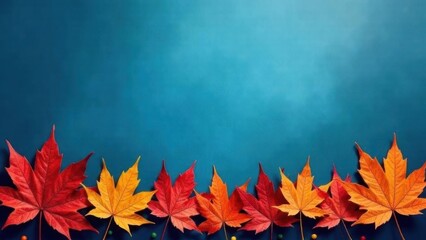 Blue autumn background with beautiful orange and red maple leaves, fall season, template with place for text