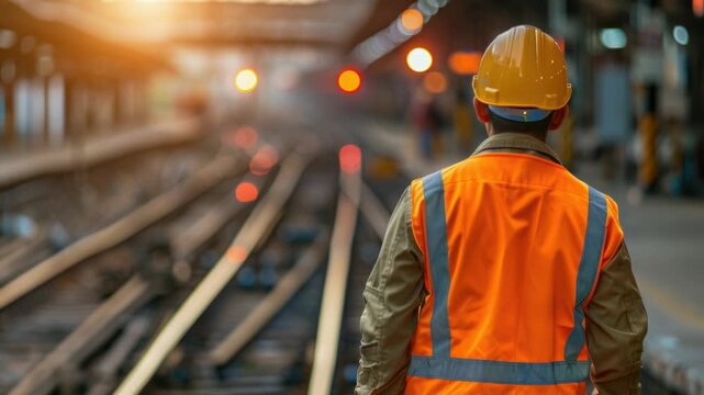 A person wearing an orange safety vest stands on a train track, cautioning against trespassing