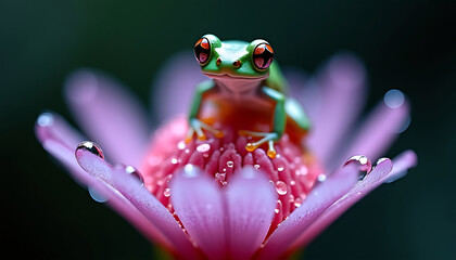 Naklejka premium Tiny green frog perched on a vibrant pink flower with water droplets