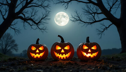 Three spooky jack o lanterns glow under a full moon on halloween night