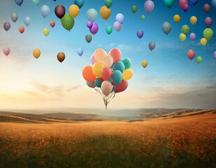 Fototapeta premium Bunch of balloons flying in the blue sky. The concept of a holiday, congratulations, gifts, events