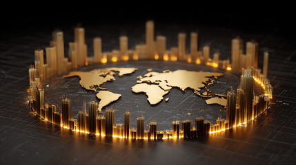 Golden global cityscape with illuminated skyscrapers surrounding world map image