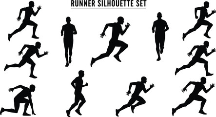 Runner silhouette set, jogging and sprinting icons, posture variation pack, editable black vector artwork for fitness, sports, and motion themes