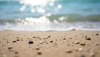 Close up of wet sand and pebbles with ocean waves and sunlight bokeh