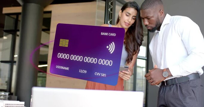Purple bank card appearing and rotating as woman scrolling tablet and man inspecting payment data