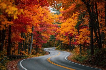 Obraz premium Winding road through vibrant autumn forest