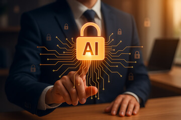 A businessman analyzing financial kpi data on a futuristic transparent tablet with a holographic dashboard of charts, graphs, and metrics.