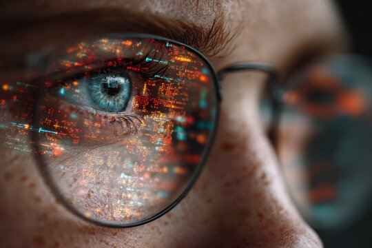 Close-up of a woman's eye and glasses reflecting digital data for future tech or technology