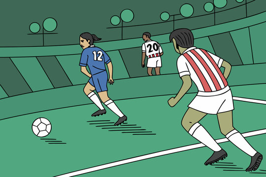 Exciting soccer match scene. blue team on the attack, passing and dribbling during a major league championship game.