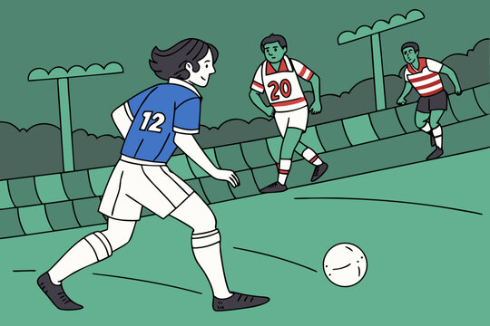 Exciting soccer match scene. blue team on the attack, passing and dribbling during a major league championship game.