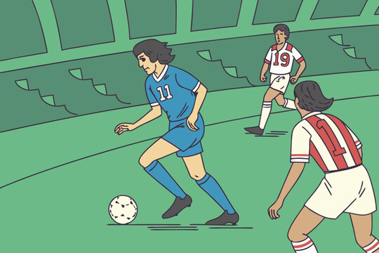 Exciting soccer match scene. blue team on the attack, passing and dribbling during a major league championship game.