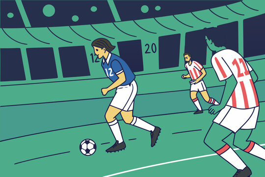 Exciting soccer match scene. blue team on the attack, passing and dribbling during a major league championship game.