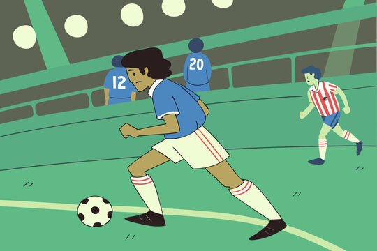 Exciting soccer match scene. blue team on the attack, passing and dribbling during a major league championship game.