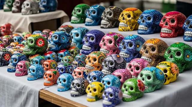 Vibrant Array of Hand-Painted Sugar Skulls (Calaveras) on Display, Celebrating Mexican Folk Art and Day of the Dead Traditions