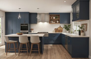 Modern kitchen with spacious layout, dark wood bar, breakfast bar, light-colored granite countertop, calming blue walls, wood plank tile floor. Equipped with gas range, dishwasher, sink under natural