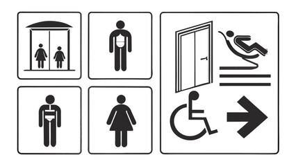 Set of Informative Public Signage Icons for Diverse Accessibility and Services in Black and White Design
