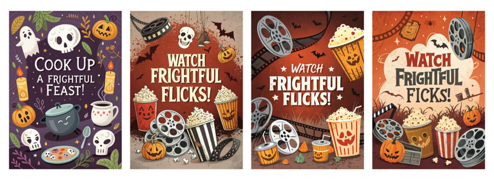 Set of four vibrant Halloween posters featuring ghosts pumpkins skeletons and festive popcorn