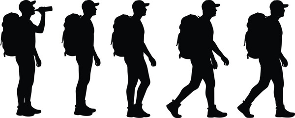 Walking silhouettes with backpack and cap, drink gesture icons, posture variation vector, black editable lifestyle set for active themes