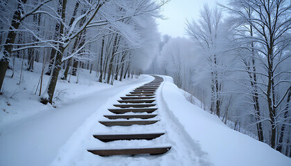 Snow covered wooden stairs winding through a winter forest landscape