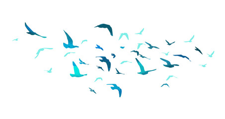 Flying birds blue silhouette flock. hand drawing. Not AI. Vector illustration.