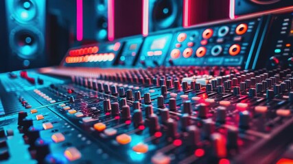 A close-up view of a mixing desk filled with various sound equipment - Powered by Adobe