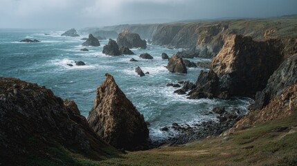 Obraz premium Rugged coastline with dramatic rocks and waves