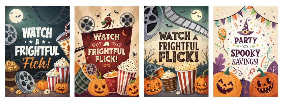 Set of four posters for spooky movie night with pumpkins popcorn film reels and Halloween decor