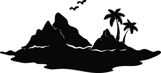 Tropical Island Silhouette with Palm Trees Mountains and Birds, White Background