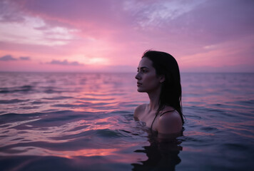 Fototapeta premium Woman emerges from ocean at sunset. Serene, beautiful in pink, purple light. Long brown hair, face, portrait, summer, beach, sea, girl, model, tranquil, peaceful, nature, dusk, evening, romantic,