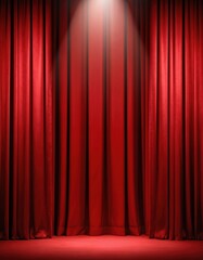 Vibrant stage setting with spotlight on stage curtain. Deep red velvet curtain transitions to subdued brown towards back. Gray curtain provides contrast. Soft light creates sense of depth, dimension.